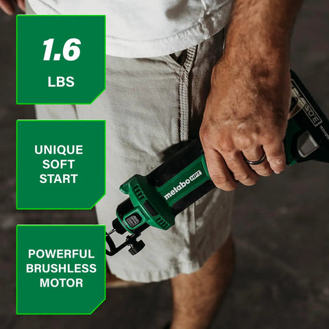 Man holding 18V MultiVolt Cordless Drywall Cutout Tool With Brushless Motor, 28,000 RPM, ergonomic grip, 1.6 lb weight