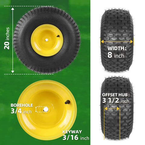 2-Pack 20X8.00-8 Rear Tire And Wheel Assemblies For Riding Lawn Mowers, 4 Ply Tubeless Tire, 3/4 Inch Bore, 3.5 Inch Offset Hub