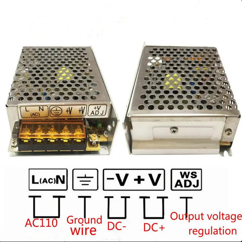Universal 12V 5A Dual Output Switching Power Supply For CCTV Cameras LED Strips Pixel Lights Radios And Raspberry Pi Projects Converts 110V 220V AC To 12V DC Adjustable Output Ten Percent Tolerance Built In Short Circuit And Overload Protection showing dual output terminals and control panel