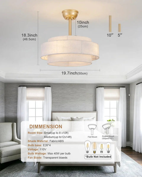 XINGSIYUELYX Ceiling Fan with Light in gold finish, fabric shade, dimensions 19.7in with transparent blades, suitable for medium rooms.