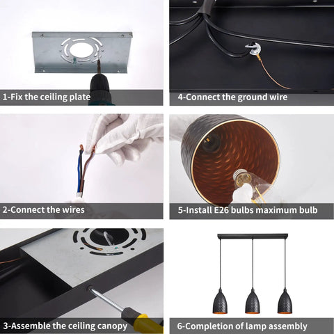 Step-by-step guide to install Black Metal 3 Light Pendant Light With Adjustable Height Up To 76.6 Inches, Industrial Farmhouse Style