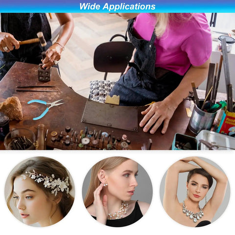 Jewelry workshop with various tools including Needle Nose Pliers For Jewelry Making And Beading on the table, women crafting.