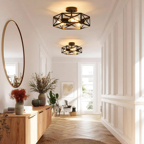 Modern Farmhouse Hexagon Cage Ceiling Light Semi Flush Mount in Matte Black installed in a bright hallway.