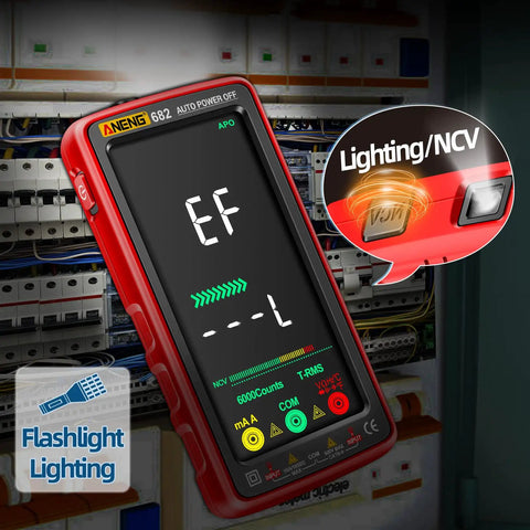 All In One True RMS Multimeter Tester With Color LCD Display 6000 Counts Auto Ranging Smart Pro Grade Rechargeable Meter For AC DC Voltage Current Resistance Diodes Continuity Capacitance Temperature And NCV in a red casing with flashlight and NCV detection features shown.