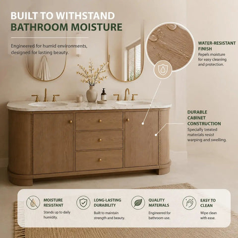 Lowkey Stunning 94 Inch Freestanding Double Sink Bathroom Vanity With Real Marble Top And Super Roomy Drawers For A Straight Up Clean Setup That Keeps Daily Essentials Well Organized in a bathroom with water-resistant features.