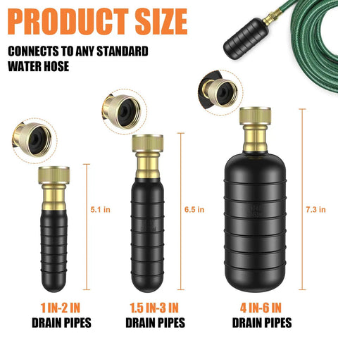 Heavy Duty Three Piece Drain Bladder Kit That Hits Hard On Clogged Lines Fast Using Power Pulse Water Pressure To Blast Hair And Grease Gunk Straight Out Works Magic With Ten Foot Retractable Hose And Brass Faucet Hookup For Home Plumbing Repairs size comparison showing three drain bladder sizes for various pipe dimensions.