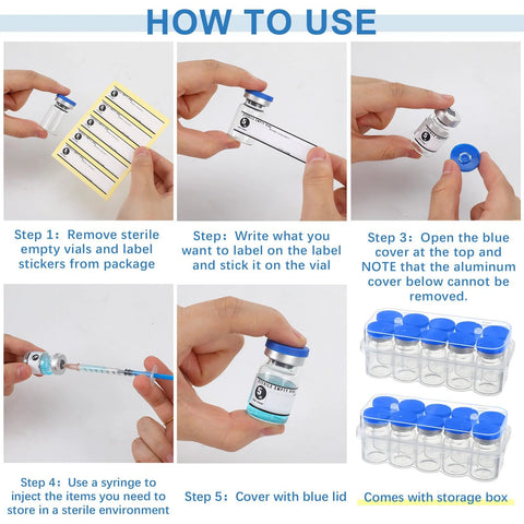Instructions for using 20 Pack Sealed Sterile 5ml Glass Vials With Self Healing Injection Port For Medical Lab And Home Use.