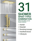 Premium Dual Head Rainfall Shower System With Twenty Six Custom Spray Settings Sweet Brushed Gold Finish showcasing 31 shower spray types.