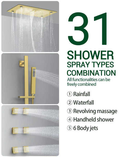 Premium Dual Head Rainfall Shower System With Twenty Six Custom Spray Settings Sweet Brushed Gold Finish showcasing 31 shower spray types.