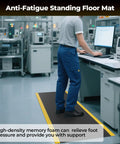 Person standing on an ergonomic anti fatigue mat for workshop 84 by 35 inches cushioned memory foam floor mat in an industrial setting.