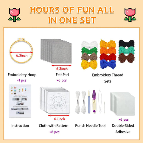 Punch Needle Coaster Kit For Easy DIY Embroidery 6 Piece All In One Set With Fun Patterns Tools Yarns Hoop Instructions And Coaster Holder For Beginners Kids And Adults overview