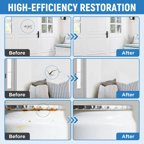 Image showing effectiveness of White Acrylic Touch Up Paint Pen Brings Slick High Gloss Shine For Knocking Out Scratches On Cabinets Wood Walls Doors Metal Appliances And Furniture Smooth As Butter on various surfaces.