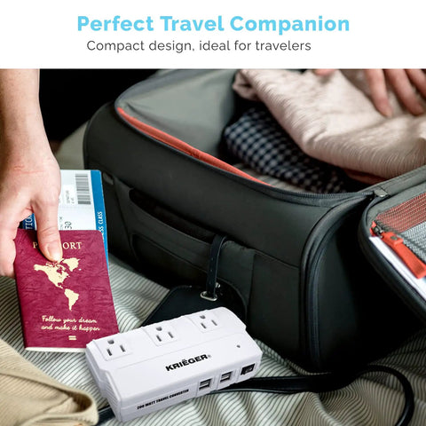 Must Have Universal Travel Adapter And 200 Watt Step Down Transformer With 4 USB Ports And 3 AC Outlets in suitcase