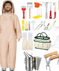 All In One Beekeeping Starter Kit For Beginners With 29 To 30 Piece Tool Set, show beekeeping suit and tools visible.