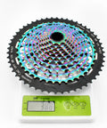 12 Speed Cassette 52T Ultra Light XD Freehub Ready Rainbow Finish For MTB Bikes on scale showing 388g