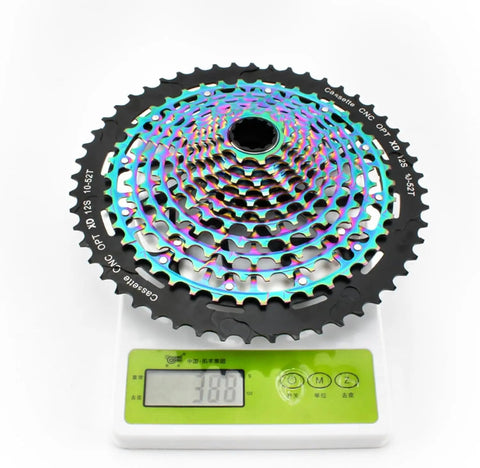 12 Speed Cassette 52T Ultra Light XD Freehub Ready Rainbow Finish For MTB Bikes on scale showing 388g