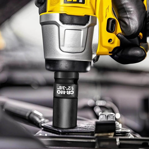Half Inch Female To Three Eighths Inch Male Impact Socket Adapter on impact wrench, chrome molybdenum, installed on engine bolt