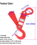 Red 3 Ton Automatic Decoupling Lifting Hook For Forklifts in thickened alloy steel, shown with dimensions and auto-separating mechanism.
