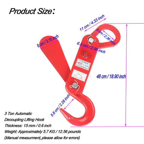 Red 3 Ton Automatic Decoupling Lifting Hook For Forklifts in thickened alloy steel, shown with dimensions and auto-separating mechanism.