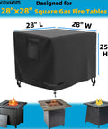 Weatherproof 600D Heavy Duty Square Fire Pit Cover 28 By 28 Inches, shown fitted on outdoor gas fire pit table