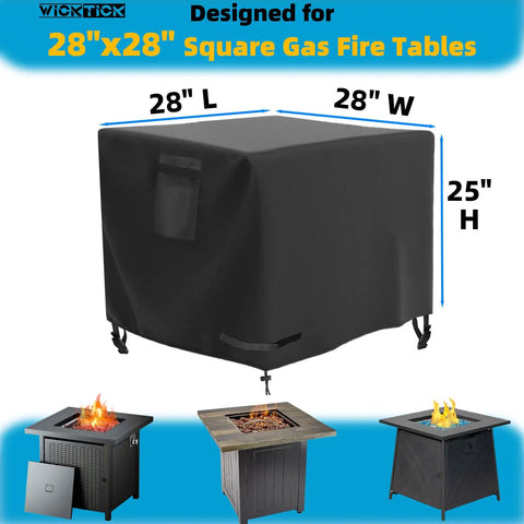 Weatherproof 600D Heavy Duty Square Fire Pit Cover 28 By 28 Inches, shown fitted on outdoor gas fire pit table