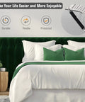 8 Pack Bed Sheet Straps With Adjustable Elastic Fitted Sheet Holders securing bed with green pillows