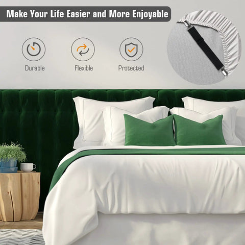 8 Pack Bed Sheet Straps With Adjustable Elastic Fitted Sheet Holders securing bed with green pillows
