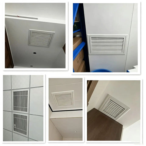 Ceiling Access Panel With Built In Filter Grid Louvered Hinged Vent Cover For Drywall Ceilings shown installed in various ceiling angles.