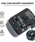 Worldwide Travel Power Adapter With 4 Retractable Plugs, 3 USB Ports And USB C, showing dual fuse security and specifications