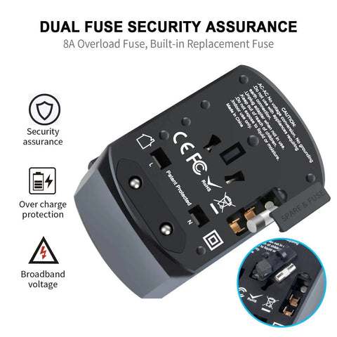 Worldwide Travel Power Adapter With 4 Retractable Plugs, 3 USB Ports And USB C, showing dual fuse security and specifications