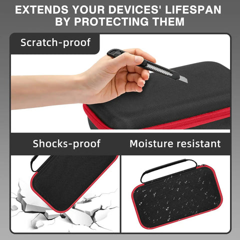 Scratch-proof black storage case with red accents for thermal imaging cameras, showing protective features like moisture resistance.
