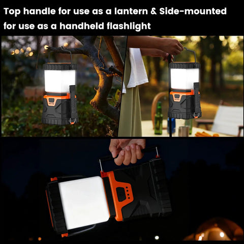 Ultra Bright LED Camping Lantern Rechargeable 1000LM With 5 Lighting Modes IP44 Waterproof, shown in use at campsites.
