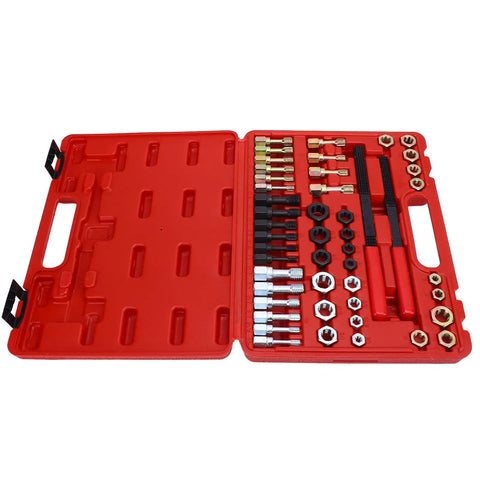 Heavy Duty 48 Piece Steel Thread Chaser Kit With 22 Taps And 24 Dies Plus Two Files For Cleaning Restoring Damaged Threads On Bolts Studs Nuts open red case