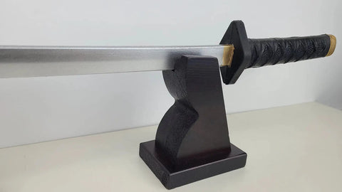 Sturdy Dope Wood Katana Stand Display For Home Or Office Dope Japanese Samurai Sword Holder holding katana side view