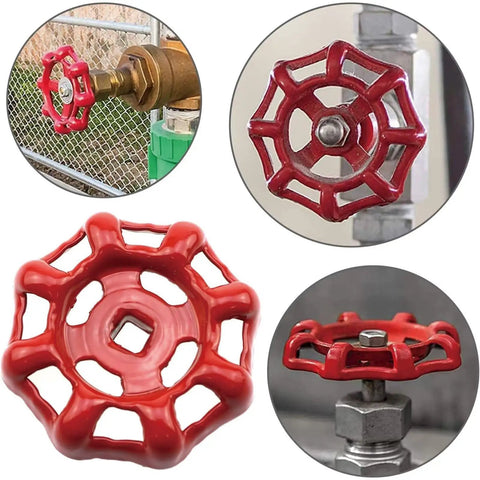 No Fuss Cast Iron Faucet Handle With Bold Red Wheel Grip, 43mm diameter, square 5x5mm stem for snug fit on plumbing valves.