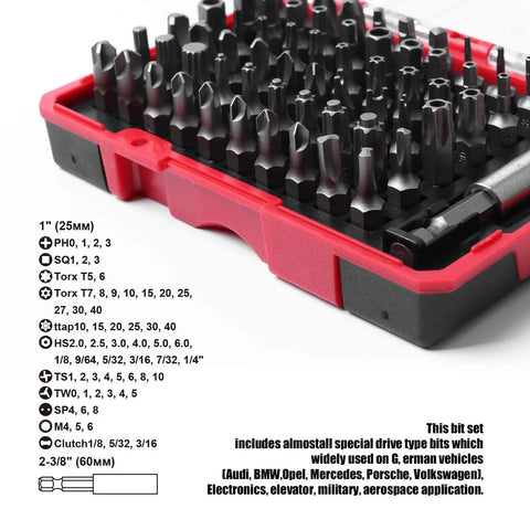 Heavy Duty 61 Piece Security Bit Set Pro Grade With S2 Steel Tamper Proof Bits in red and black ABS case, close-up view.