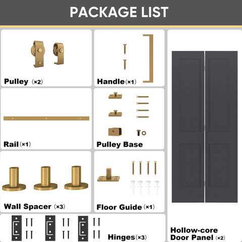 36 Inch By 84 Inch Bi Fold Barn Door Set With Two Panels And Brushed Gold Hardware Space Saving Interior Sliding Door For Closets Pantry Or Laundry Rooms Hollow Core Textured Black Finish Includes Hardware Kit Quiet Smooth Rollers No Brainer Easy Install package components