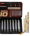 10 Piece Screw Extractor Set for Stripped Screws and Broken Bolts in a black case with reverse drill bits, tools displayed.