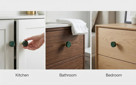 Six Pack 30mm Green Marble Cabinet Knobs With Brushed Brass Base on kitchen and bedroom cabinets, enhancing modern decor.