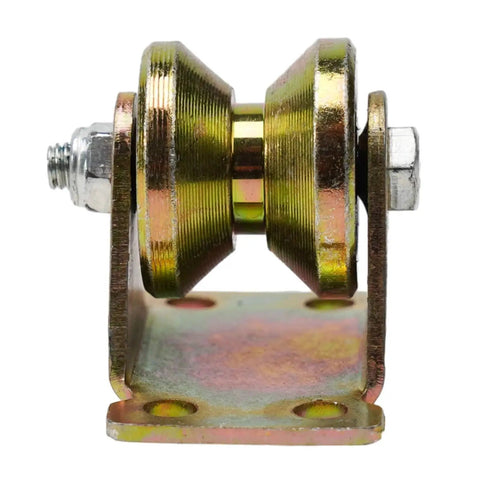 Heavy Hitter V Groove Wheels Four Pack Rigid Casters For Inverted Track Sliding Gates side view of durable caster wheel on metallic bracket.