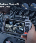 Person using 50 Foot Sewer Inspection Camera With Dual Lens Endoscope And Lights 1080P 5 Inch IPS Screen Split Screen View IP67 Waterproof 7.9mm Snake Scope DIY Ready For Wall Drains And Auto Repairs on car engine