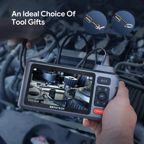 Person using 50 Foot Sewer Inspection Camera With Dual Lens Endoscope And Lights 1080P 5 Inch IPS Screen Split Screen View IP67 Waterproof 7.9mm Snake Scope DIY Ready For Wall Drains And Auto Repairs on car engine