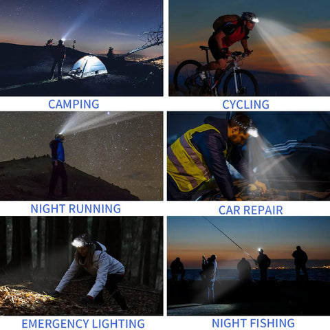 Rechargeable LED Headlamp With 18000 Lumens in use during camping, cycling, night running, car repair, emergency lighting, night fishing.