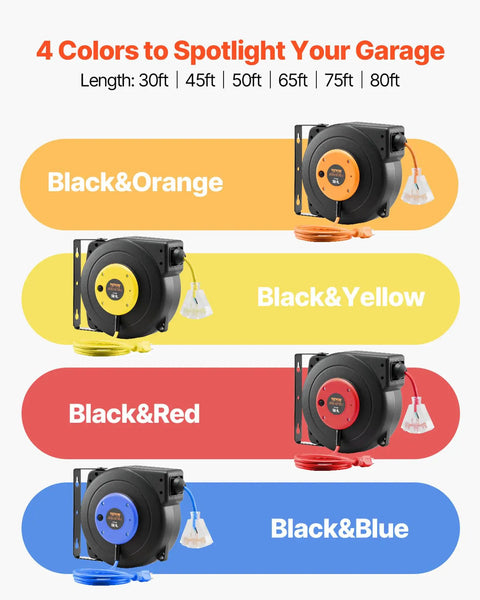 Four color options of the Beefy 50 Ft Retractable Extension Cord Reel With 14 AWG SJTOW Cord and lighted triple tap outlets.