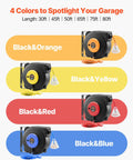 Heavy Duty 45 Ft Retractable Extension Cord Reel With Lighted Triple Tap Outlet, 15 Amp Circuit Breaker, 12AWG 3C SJTOW Cord, 180 Degree Swivel Bracket For Ceiling Or Wall Mount, Weather Resistant And Tangle Free. Black and orange reel with 45ft cord
