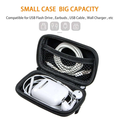 Small Red Rectangular Eva Case With Hella Tough Crush Proof Hard Shell And Smooth Zipper Mesh Pouch For Charger Cables Earbuds Memory Cards And Everyday Carry, open with USB cables and earbuds.