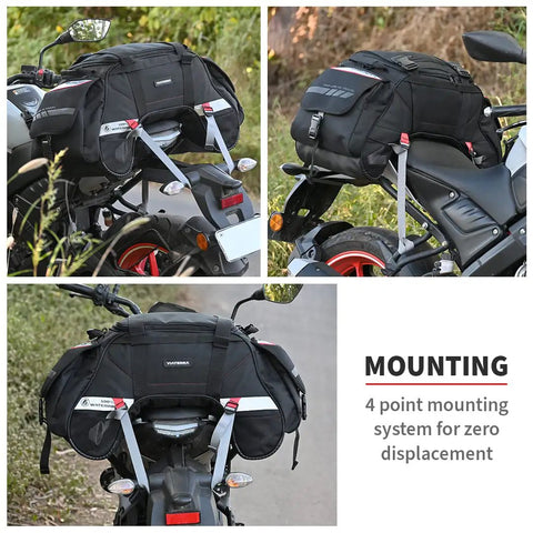 Universal 48L Waterproof Motorcycle Tail Bag With Roll Top Closure For All Bikes No Saddle Stay Or Rack Needed Ride Ready Travel Luggage mounted on motorcycle with 4-point system.