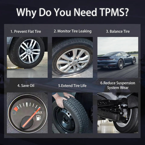 Image showing benefits of TPMS sensors: prevent flat tire, monitor leaking, balance tire, save oil, extend tire life, reduce wear.