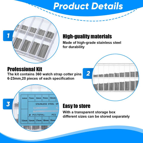 Product Details of Must-Have 360 Piece Stainless Steel Watch Band Pins Kit With 18 Sizes From 6mm To 23mm including storage and durability features
