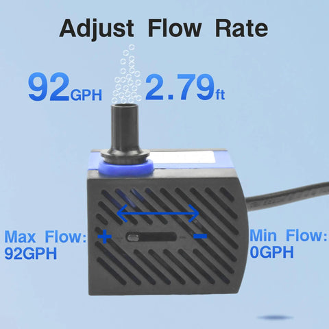 Beast Submersible Pump 92GPH 5W Adjustable Flow showing flow rate adjustment and pump design.